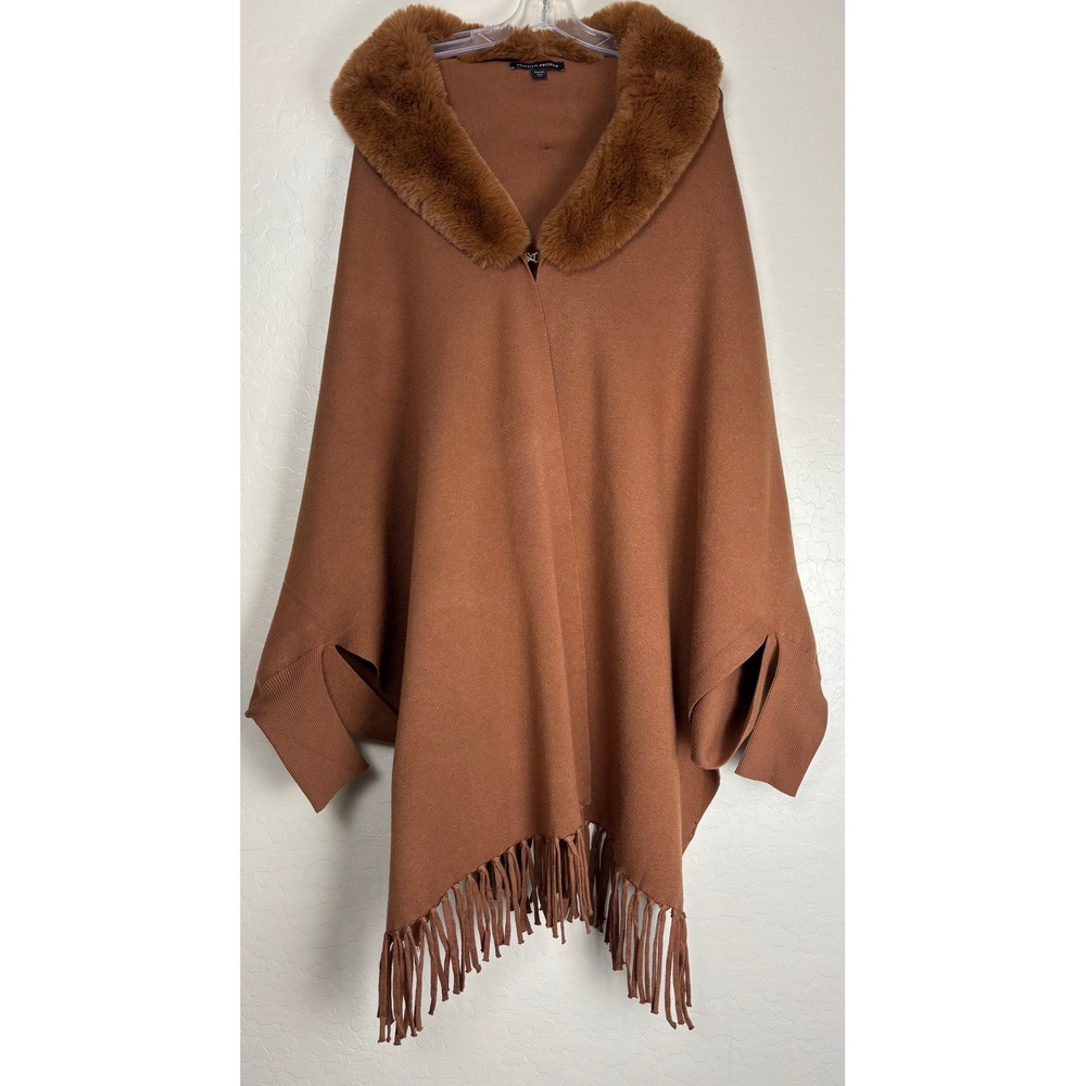 Boston Proper Faux‎ Fur Collar Cape Poncho Cognac Brown M/L 2448